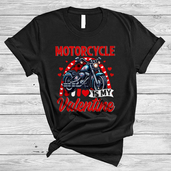 MacnyStore - Motorcycle Is My Valentine, Awesome Valentine's Day Motorcycle Lover, Hearts Plaid Rainbow T-Shirt