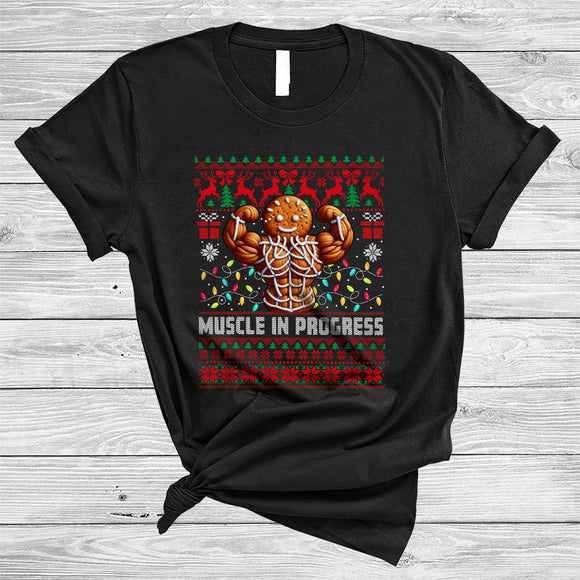 MacnyStore - Muscle In Progress, Humorous Merry Christmas Sweater Lights Weightlifting, Fitness Workout T-Shirt