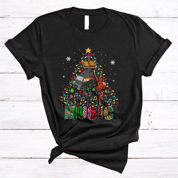 MacnyStore - Music, Colorful Leopard Plaid Christmas Lights Tree, Matching Music Teacher Tools Lover T-Shirt