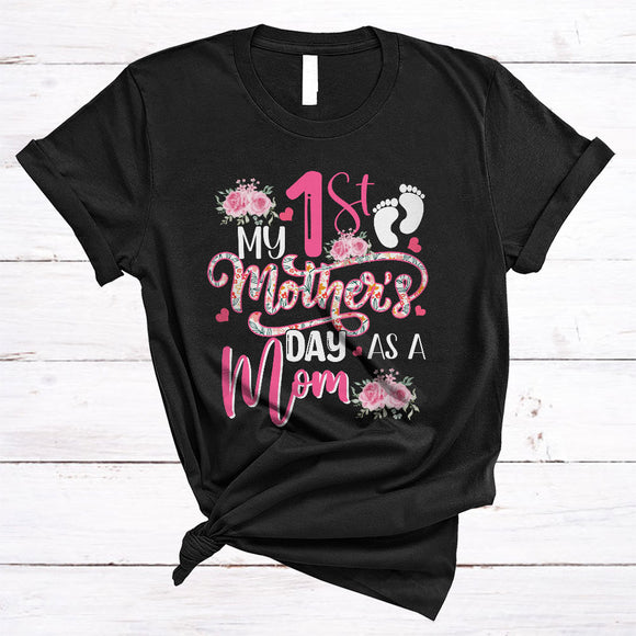 MacnyStore - My 1st Mother's Day As A Mom, Flowers Pregnancy Announcement Baby Footprint, Family T-Shirt