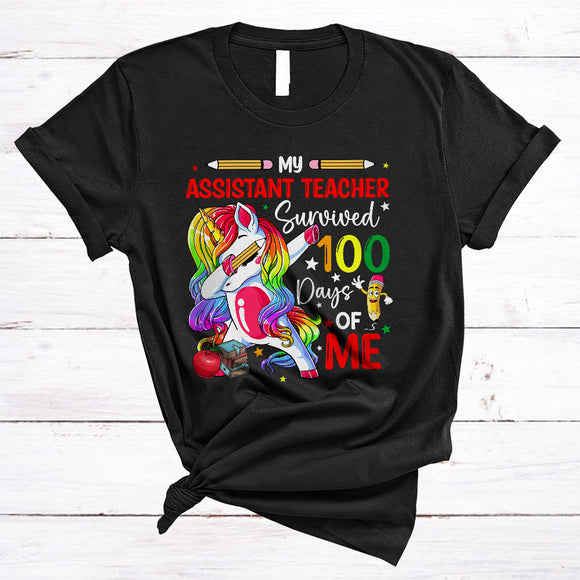 MacnyStore - My Assistant Teacher Survived 100 Days Of Me, Humorous Dabbing Unicorn, Students Group T-Shirt