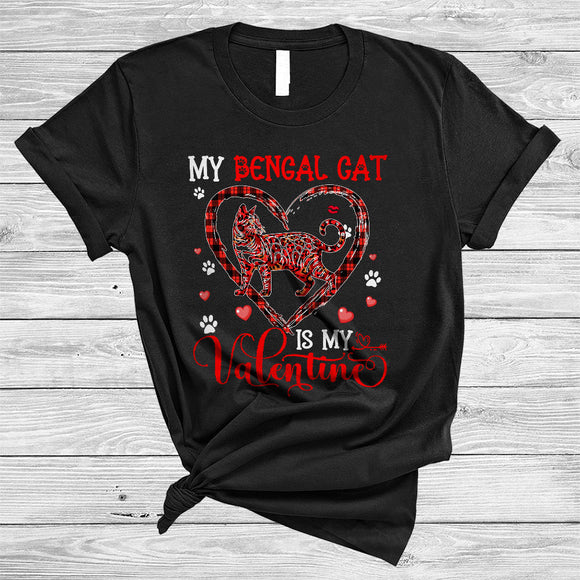 MacnyStore - My Bengal Cat Is My Valentine, Awesome Valentine's Day Plaid Heart Shape, Animal Lover T-Shirt