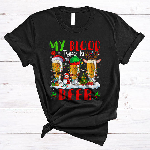 MacnyStore - My Blood Type Is Beer, Sarcastic Cool Christmas Lights Beer Drinking, X-mas Snow Family T-Shirt