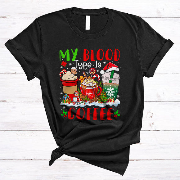 MacnyStore - My Blood Type Is Coffee, Sarcastic Cool Christmas Lights Coffee Drinking, X-mas Snow Family T-Shirt