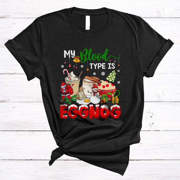 MacnyStore - My Blood Type Is Eggnog Cool Lovely Christmas Snow Xmas Family Group Eggnog Red Plaid Xmas T-Shirt
