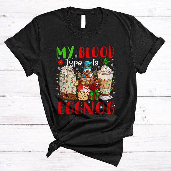 MacnyStore - My Blood Type Is Eggnog, Sarcastic Cool Christmas Lights Eggnog Drinking, X-mas Snow Family T-Shirt