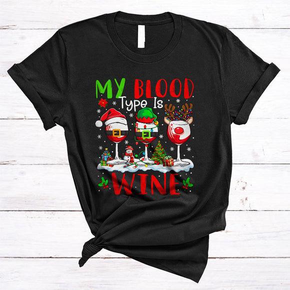 MacnyStore - My Blood Type Is Wine, Sarcastic Cool Christmas Lights Wine Drinking, X-mas Snow Family T-Shirt