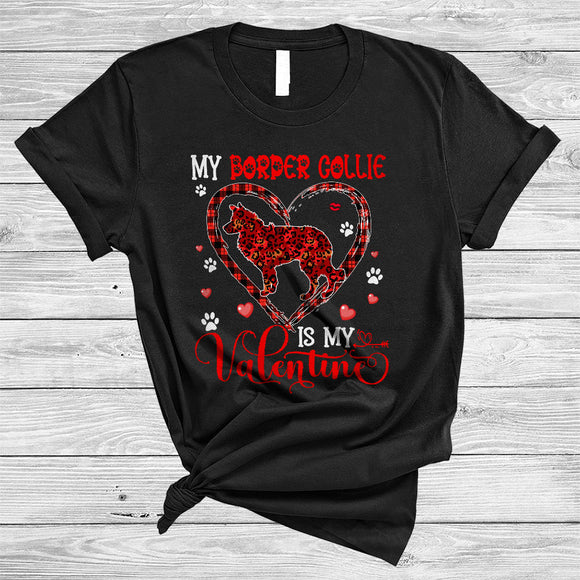 MacnyStore - My Border Collie Is My Valentine, Awesome Valentine's Day Plaid Heart Shape, Animal Lover T-Shirt