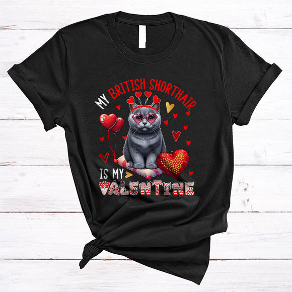 MacnyStore - My British Shorthair Is My Valentine, Lovely Valentine's Day Cat Wearing Heart Glasses, Family Group T-Shirt