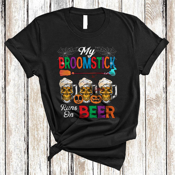 MacnyStore - My Broomstick Runs On Beer Funny Scary Halloween Witch Beer Lover Matching Drinking Team T-Shirt