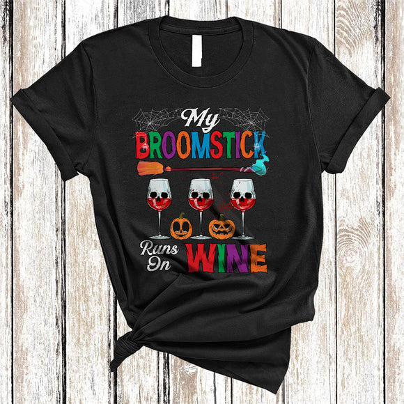 MacnyStore - My Broomstick Runs On Wine Funny Scary Halloween Witch Wine Lover Matching Drinking Team T-Shirt