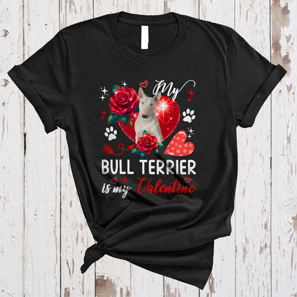 MacnyStore - My Bull Terrier Is My Valentine, Lovely Valentine's Day Bull Terrier Paws Owner, Hearts Flowers T-Shirt