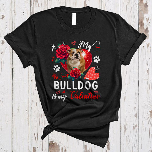 MacnyStore - My Bulldog Is My Valentine, Lovely Valentine's Day Bulldog Paws Owner, Hearts Flowers T-Shirt