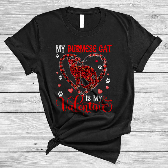 MacnyStore - My Burmese Cat Is My Valentine, Awesome Valentine's Day Plaid Heart Shape, Animal Lover T-Shirt