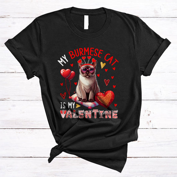 MacnyStore - My Burmese Cat Is My Valentine, Lovely Valentine's Day Cat Wearing Heart Glasses, Family Group T-Shirt
