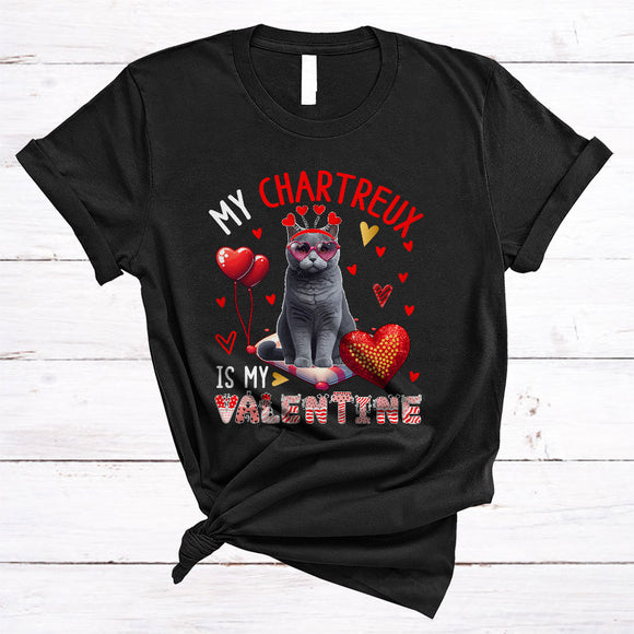 MacnyStore - My Chartreux Is My Valentine, Lovely Valentine's Day Cat Wearing Heart Glasses, Family Group T-Shirt