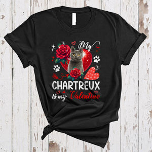 MacnyStore - My Chartreux Is My Valentine, Lovely Valentine's Day Chartreux Paws Owner, Hearts Flowers T-Shirt