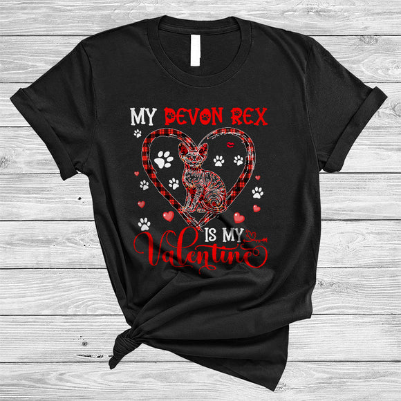 MacnyStore - My Devon Rex Is My Valentine, Awesome Valentine's Day Plaid Heart Shape, Matching Animal Lover T-Shirt