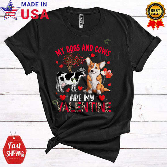 MacnyStore - My Dogs And Cows Are My Valentine Funny Cool Valentine's Day Leopard Corgi Dog Farmer T-Shirt