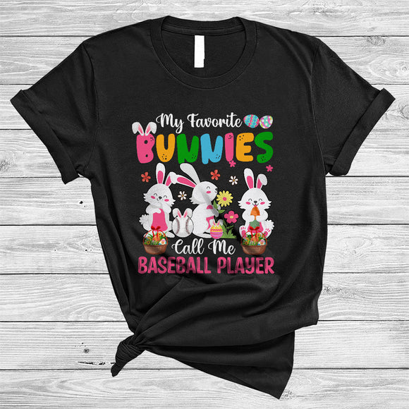 MacnyStore - My Favorite Bunnies Call Me Baseball, Lovely Easter Three Bunnies, Flowers Sport Player Team T-Shirt