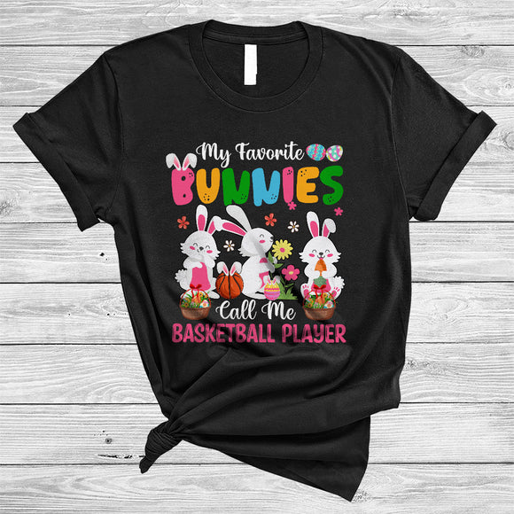 MacnyStore - My Favorite Bunnies Call Me Basketball, Lovely Easter Three Bunnies, Flowers Sport Player Team T-Shirt