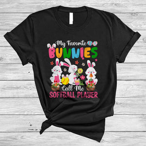 MacnyStore - My Favorite Bunnies Call Me Softball, Lovely Easter Three Bunnies, Flowers Sport Player Team T-Shirt