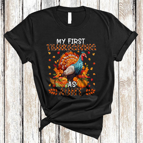 MacnyStore - My First Thanksgiving As Aunt, Adorable Plaid Thanksgiving Turkey, Fall Leaf Family Group T-Shirt