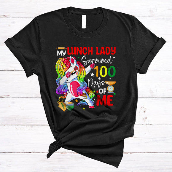MacnyStore - My Lunch Lady Survived 100 Days Of Me, Humorous Dabbing Unicorn, Students Group T-Shirt