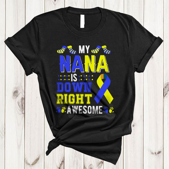 MacnyStore - My Nana Is Down Right Awesome, Cool Down Syndrome Awareness Ribbon Socks, Family Group T-Shirt