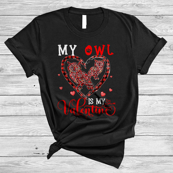 MacnyStore - My Owl Is My Valentine, Awesome Valentine's Day Plaid Heart Shape, Matching Bird Animal Lover T-Shirt