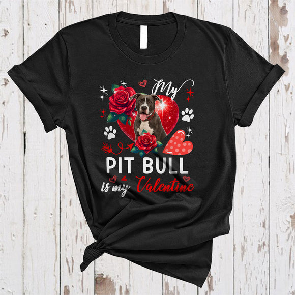 MacnyStore - My Pit Bull Is My Valentine, Lovely Valentine's Day Pit Bull Paws Owner, Hearts Flowers T-Shirt