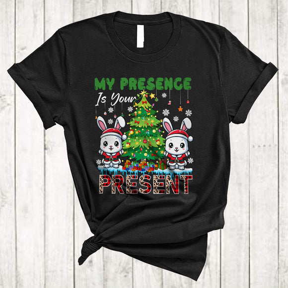 MacnyStore - My Presence Is Your Present, Adorable Christmas Tree Santa Bunny Lover, X-mas Animal Family T-Shirt