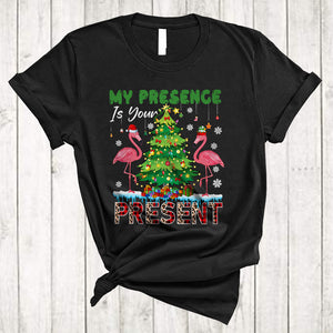 MacnyStore - My Presence Is Your Present, Adorable Christmas Tree Santa Flamingo Lover, X-mas Animal Family T-Shirt
