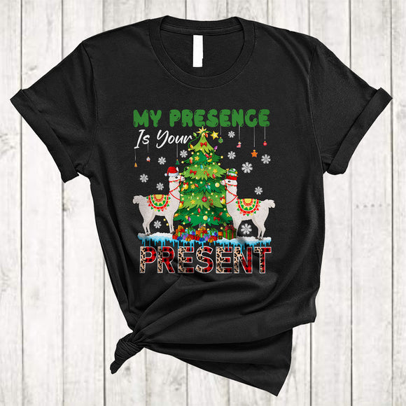 MacnyStore - My Presence Is Your Present, Adorable Christmas Tree Santa Llama Lover, X-mas Animal Family T-Shirt