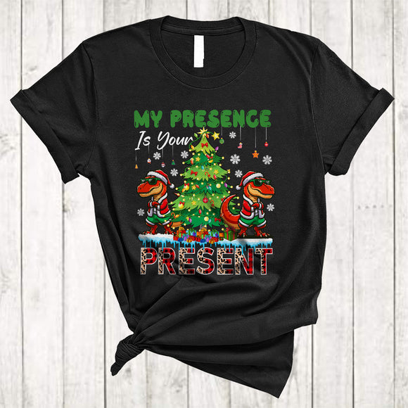 MacnyStore - My Presence Is Your Present, Adorable Christmas Tree Santa T-Rex Lover, X-mas Animal Family T-Shirt