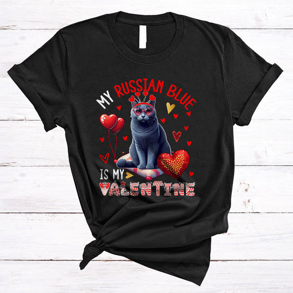 MacnyStore - My Russian Blue Is My Valentine, Lovely Valentine's Day Cat Wearing Heart Glasses, Family Group T-Shirt