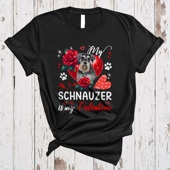 MacnyStore - My Schnauzer Is My Valentine, Lovely Valentine's Day Schnauzer Paws Owner, Hearts Flowers T-Shirt