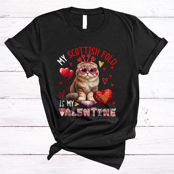 MacnyStore - My Scottish Fold Is My Valentine, Lovely Valentine's Day Cat Wearing Heart Glasses, Family Group T-Shirt