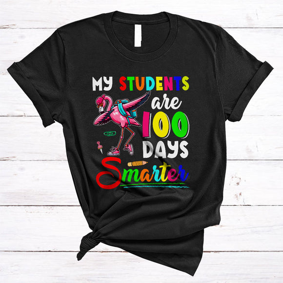 MacnyStore - My Students Are 100 Days Smarter, Cheerful 100th Day Of School Dabbing Flamingo, Teacher T-Shirt