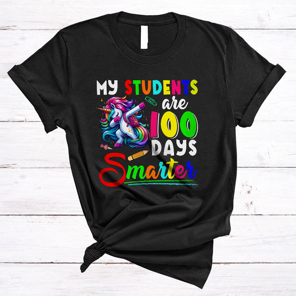 MacnyStore - My Students Are 100 Days Smarter, Cheerful 100th Day Of School Dabbing Unicorn, Teacher T-Shirt