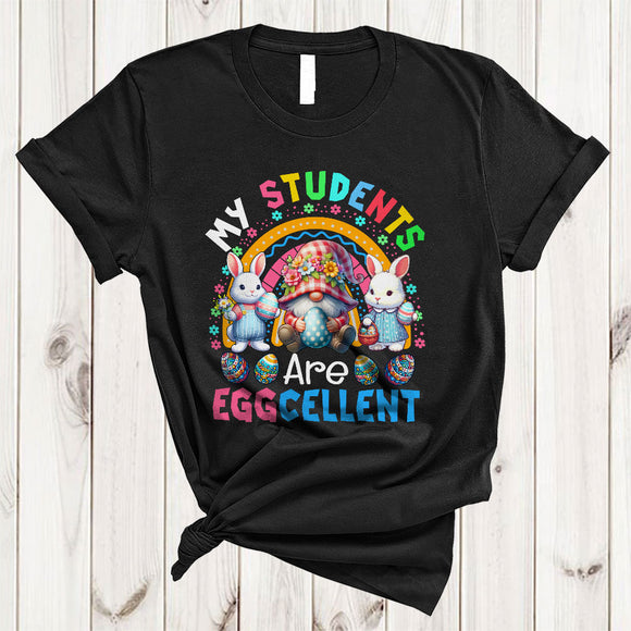 MacnyStore - My Students Are Eggcellent, Adorable Easter Day Flowers Bunny Egg Hunting, Rainbow Teacher T-Shirt
