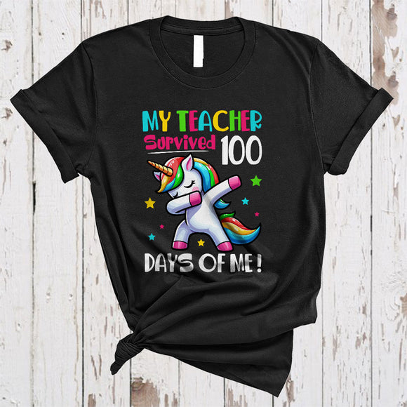 MacnyStore - My Teacher Survived 100 Days Of Me, Amazing 100th Day Of School Dabbing Unicorn Lover T-Shirt