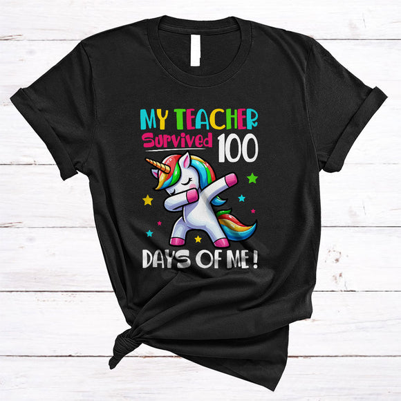 MacnyStore - My Teacher Survived 100 Days Of Me, Humorous 100th Day Of School Dabbing Unicorn Lover T-Shirt