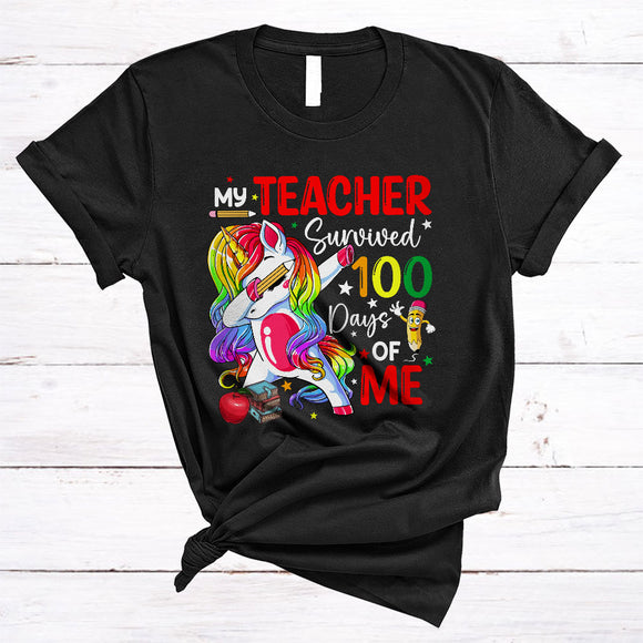 MacnyStore - My Teacher Survived 100 Days Of Me, Humorous Cute Dabbing Unicorn, Students Group T-Shirt