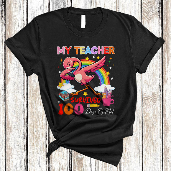 MacnyStore - My Teacher Survived 100 Days Of Me, Lovely Dabbing Flamingo Rainbow, Student Teacher T-Shirt