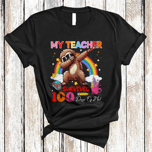 MacnyStore - My Teacher Survived 100 Days Of Me, Lovely Dabbing Sloth Rainbow, Student Teacher T-Shirt