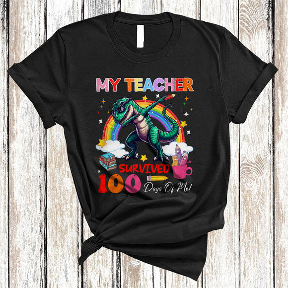 MacnyStore - My Teacher Survived 100 Days Of Me, Lovely Dabbing T-Rex Dinosaur Rainbow, Student Teacher T-Shirt