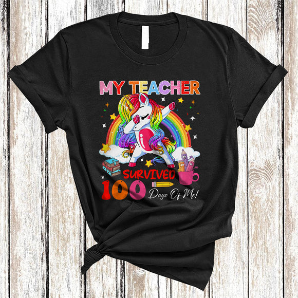 MacnyStore - My Teacher Survived 100 Days Of Me, Lovely Dabbing Unicorn Rainbow, Student Teacher T-Shirt