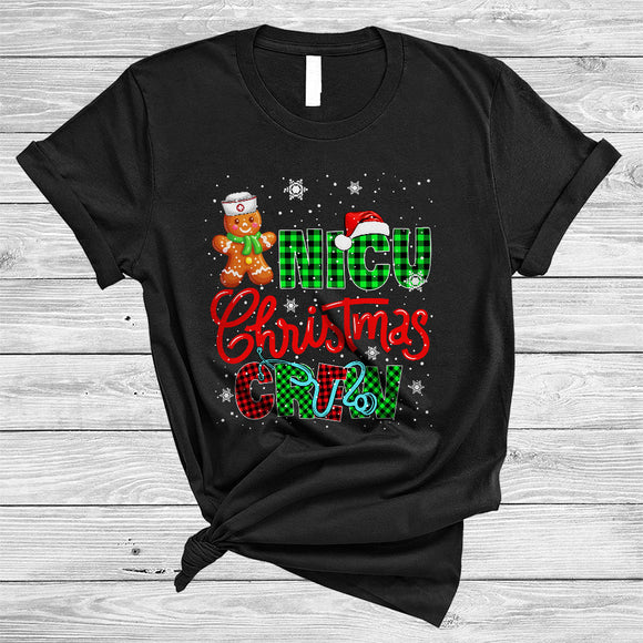MacnyStore - NICU Christmas Crew, Cheerful Christmas Plaid Gingerbread Santa Lover, X-mas Nurse Group T-Shirt