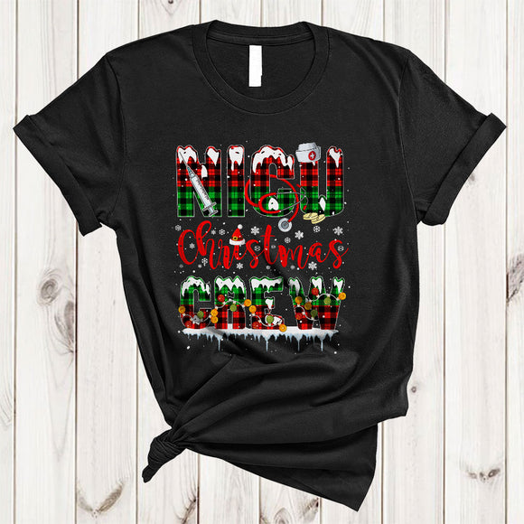 MacnyStore - NICU Christmas Crew, Wonderful Plaid X-mas Snow Around, Matching NICU Nurse Nursing Lover T-Shirt